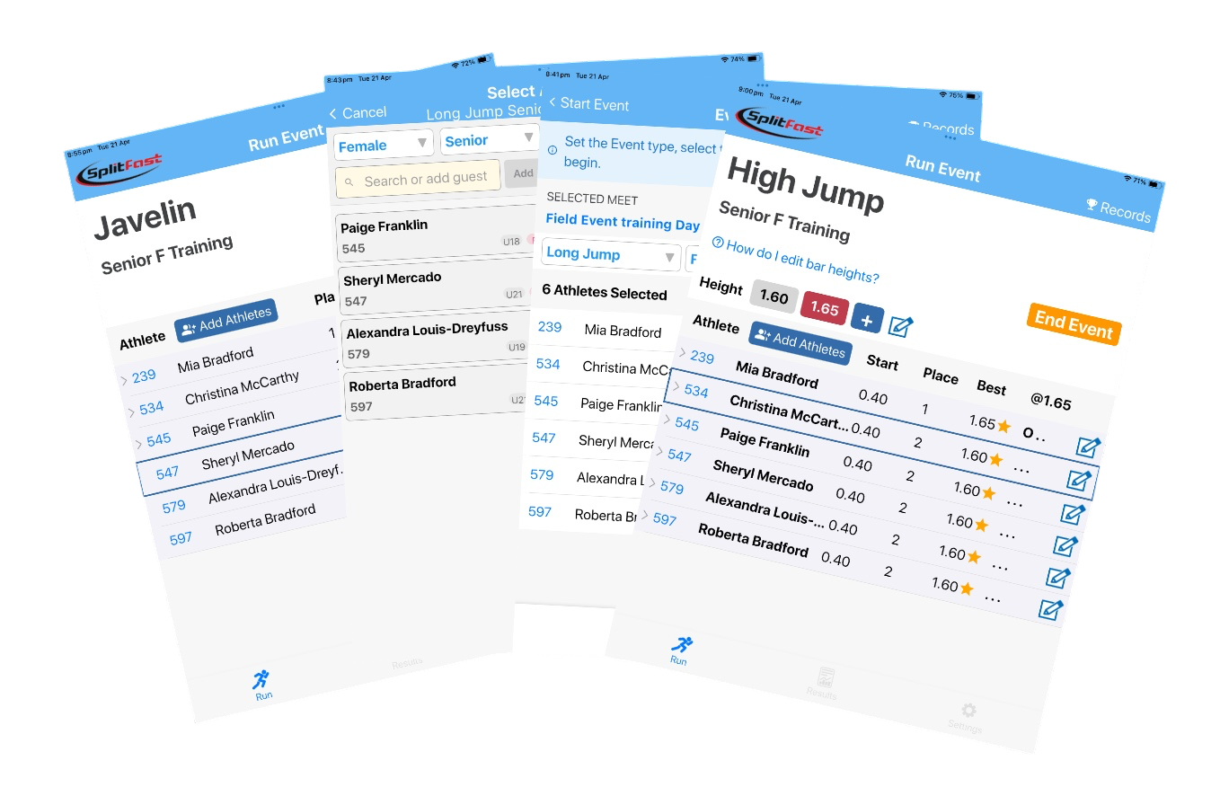 SplitFast Field Events App showing a compilation of screen views including Javelin, Select Athletes, Event Setup and High Jump on iPad
